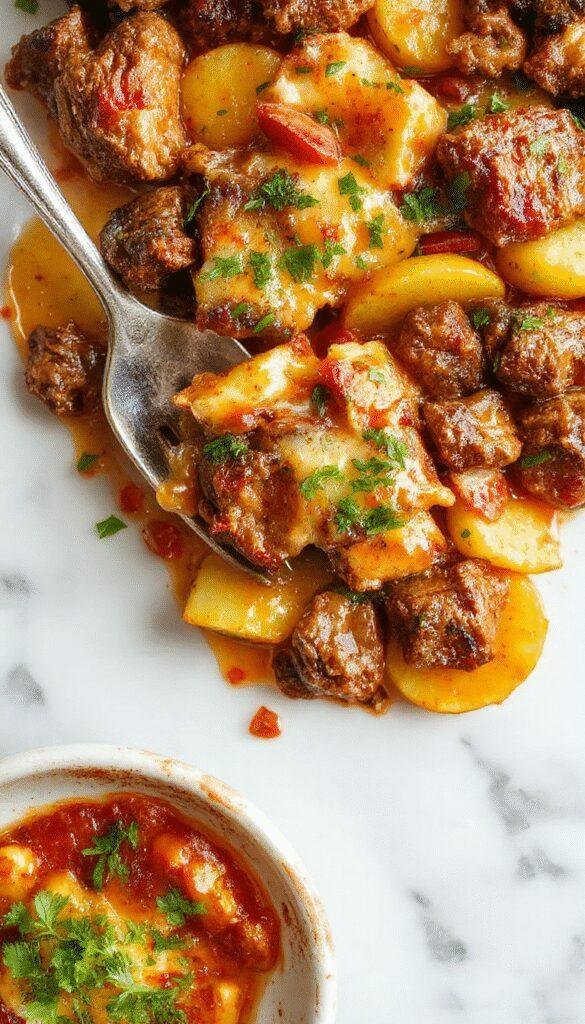 A vibrant skillet dish featuring golden browned potato slices topped with melted cheese, savory cooked ground meat, garnished with fresh herbs, served on a rustic wooden table