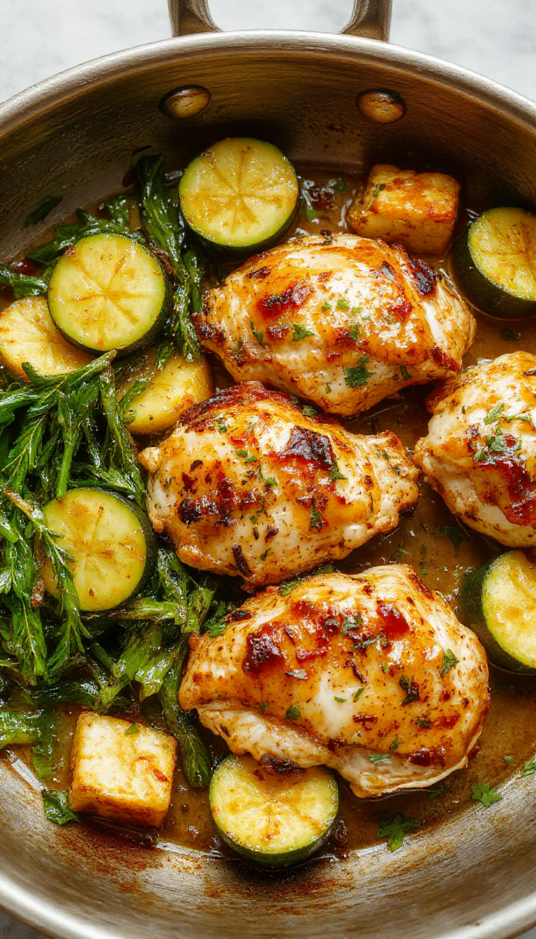 A vibrant plate of Mediterranean chicken and zucchini stir-fry on a rustic wooden table, garnished with fresh herbs and lemon slices.