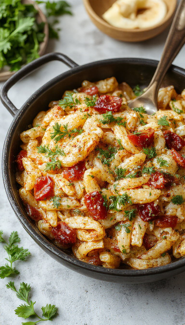 A vibrant plate of one-pan orzo pasta garnished with fresh herbs and vegetables, served on a rustic wooden table.