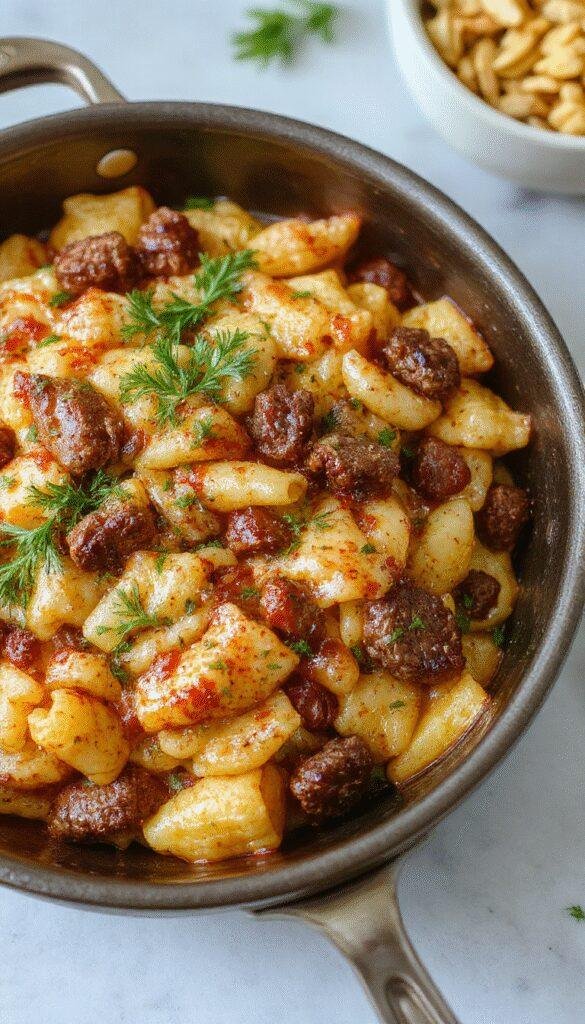 A steaming skillet of One-Pot Cheeseburger Orzo topped with melted cheese, fresh herbs, and side of toasted bread, showcasing a comforting, hearty meal.