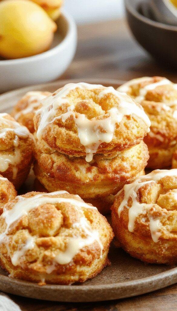 Golden brown Peachy Keen Cruffins filled with fresh peach jam, topped with powdered sugar and a sprig of mint, on a rustic plate.