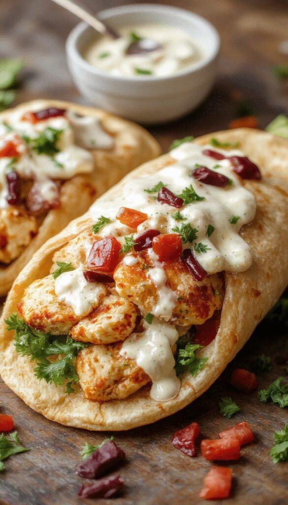 Plate of Greek Gyros with sliced grilled chicken, topped with crumbled feta cheese, fresh vegetables, and a side of creamy tzatziki sauce, garnished with herbs.
