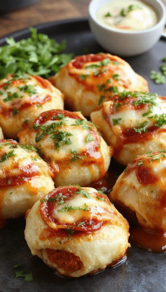 Golden Pepperoni Pizza Rolls with melted cheese and crispy edges served on a white plate