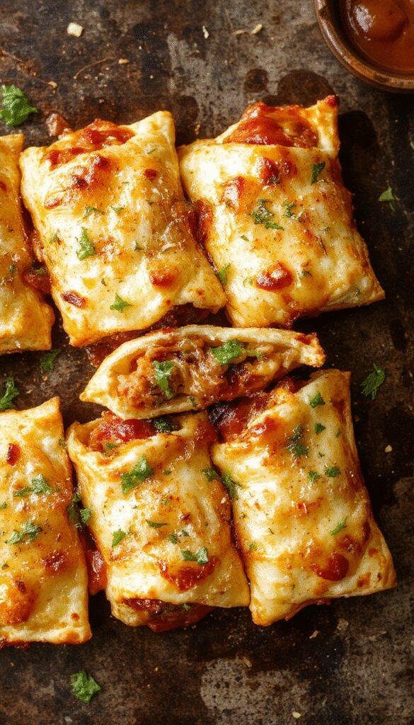 A plate of golden-brown Power-Packed Pizza Pockets filled with colorful vegetables and melted cheese, ready to serve.