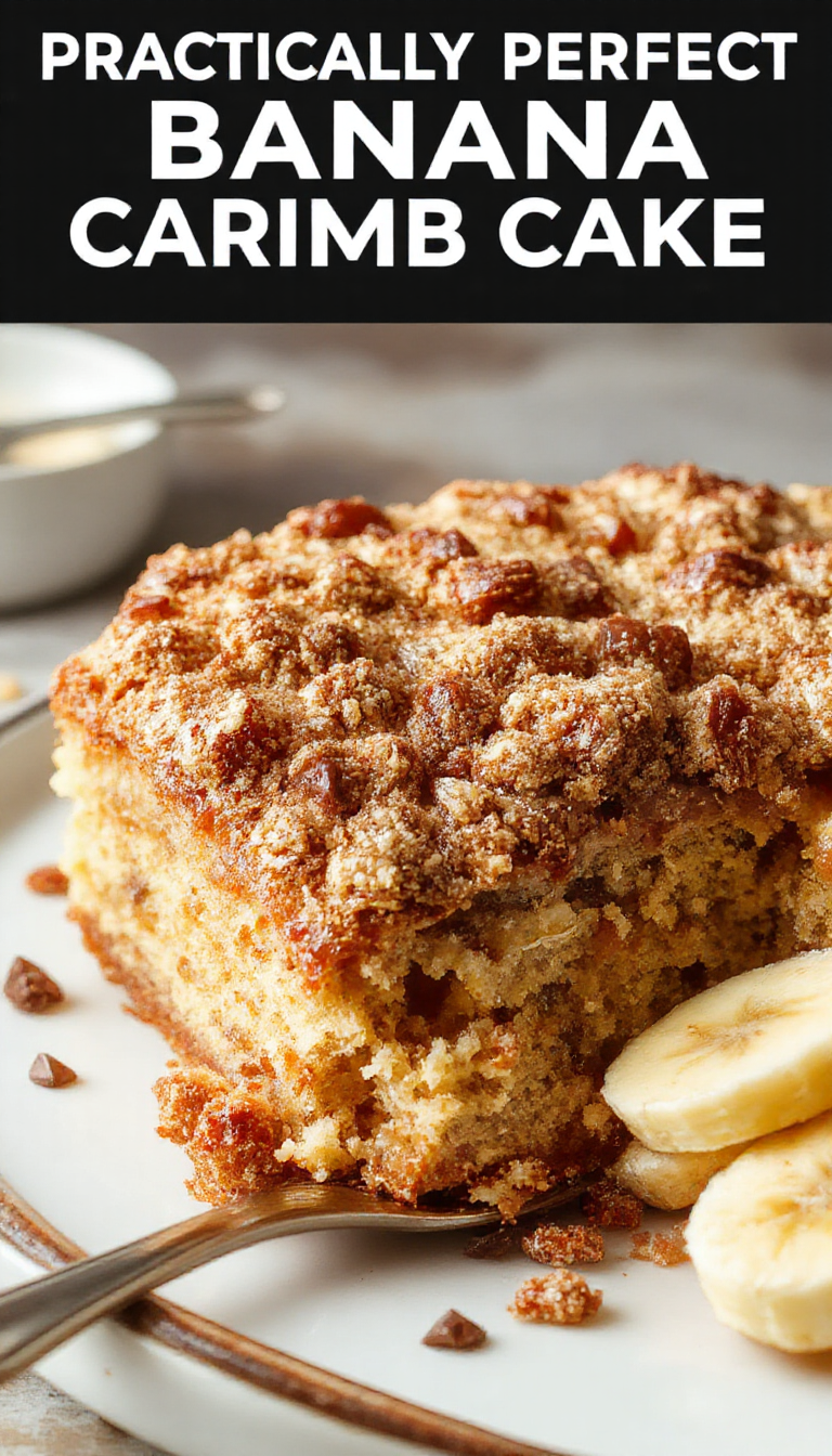 A slice of Practically Perfect Banana Crumb Cake showcasing a golden crumb topping, moist banana filling, and a tender cake base