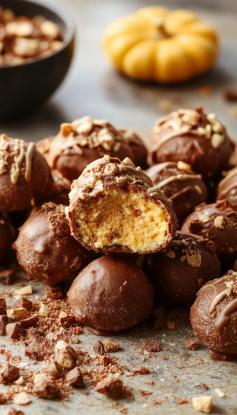 Close-up of pumpkin cheesecake truffles coated in crunchy topping, arranged on a festive autumn-themed plate.