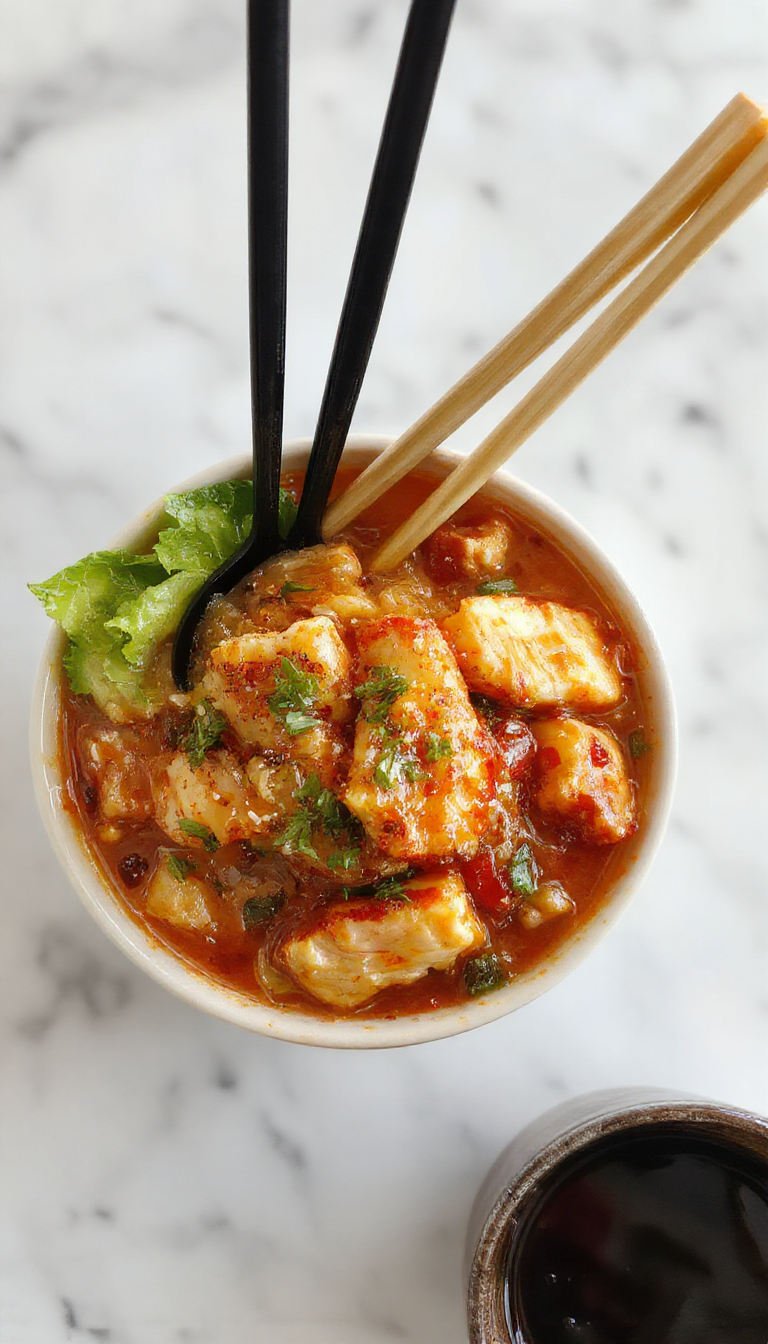 A vibrant plate of chicken ramen stir fry featuring golden-brown chicken strips, glossy ramen noodles, colorful bell peppers, broccoli florets, and sesame seeds on top, arranged beautifully on a rustic white plate with fresh green herbs garnishing the dish, all set against a dark background with chopsticks resting beside it.