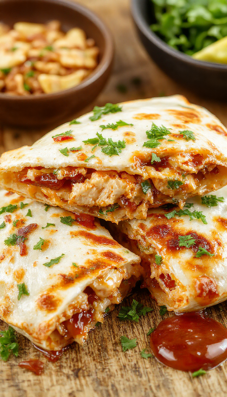 A close-up of a sizzling chicken bacon ranch quesadilla sliced open to reveal melted cheese, crispy bacon, tender chicken, and creamy ranch filling.
