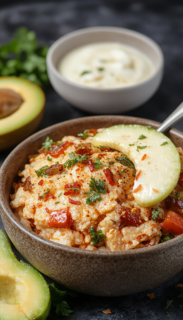 Colorful taco rice bowl with fresh vegetables, seasoned meat, and crispy chips in a vibrant dish.