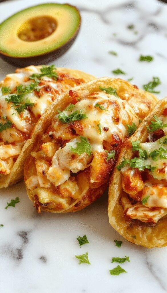 Colorful mini baked chicken tacos arranged on a rustic white plate, topped with fresh shredded lettuce, diced tomatoes, melted cheese, and chopped cilantro. The crispy taco shells are golden brown, with steam rising from the warm, seasoned chicken filling. The vibrant ingredients and inviting presentation create a mouthwatering, appetizing scene perfect for a quick dinner.