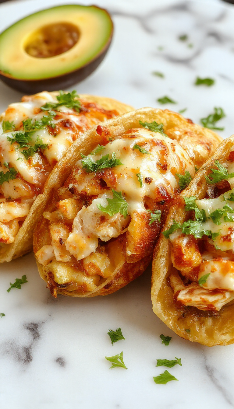 Colorful mini baked chicken tacos arranged on a rustic white plate, topped with fresh shredded lettuce, diced tomatoes, melted cheese, and chopped cilantro. The crispy taco shells are golden brown, with steam rising from the warm, seasoned chicken filling. The vibrant ingredients and inviting presentation create a mouthwatering, appetizing scene perfect for a quick dinner.