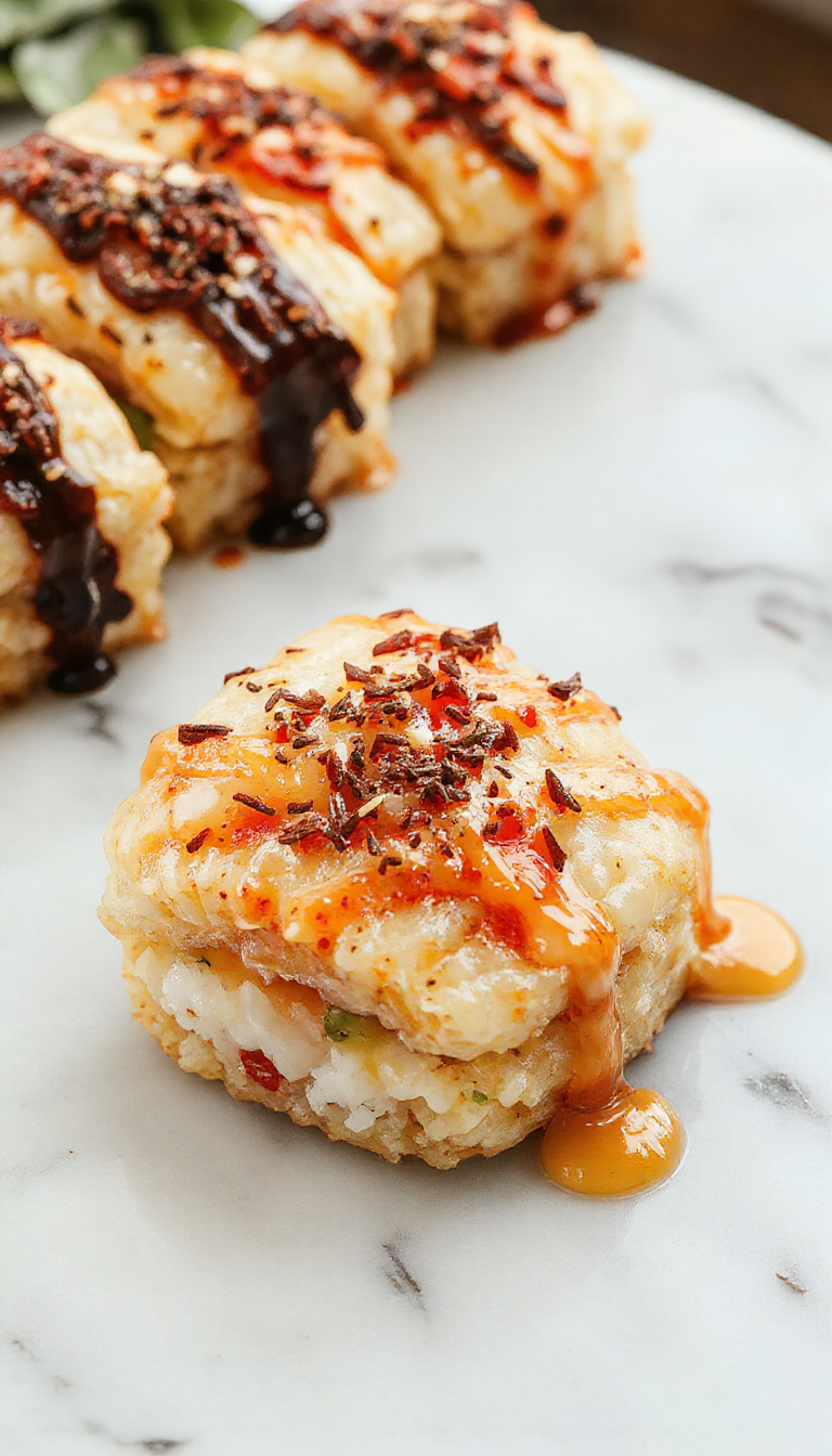 A vibrant sushi bake served in a glass baking dish, featuring layers of seasoned rice, fresh sliced fish and colorful toppings, garnished with green onions and sesame seeds, styled simply but invitingly with a clean white background