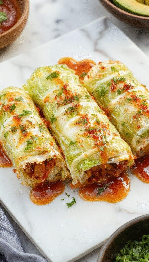 A close-up of vibrant purple and green cabbage leaves filled with a savory meat and rice mixture, rolled neatly and arranged on a rustic white plate, garnished with fresh herbs, with a soft-focus background highlighting the fresh ingredients and inviting presentation.