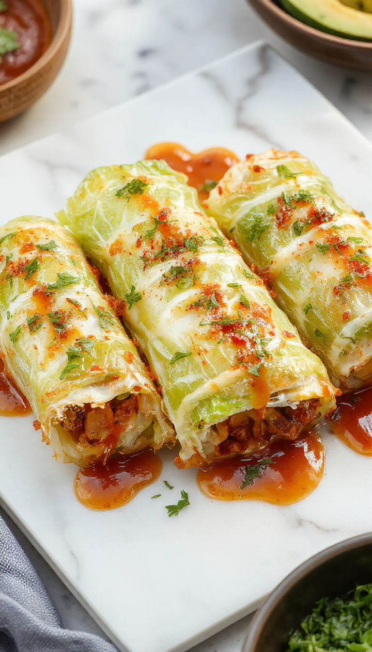 A close-up of vibrant purple and green cabbage leaves filled with a savory meat and rice mixture, rolled neatly and arranged on a rustic white plate, garnished with fresh herbs, with a soft-focus background highlighting the fresh ingredients and inviting presentation.