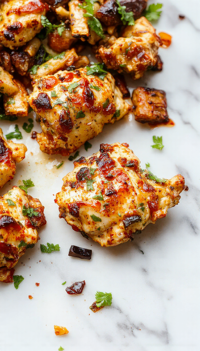Colorful chicken fajitas arranged on a rustic white sheet pan with vibrant red and green bell peppers, onions, and seasoned chicken strips, garnished with fresh cilantro, served with lime wedges, all on a wooden background with a warm, inviting atmosphere.