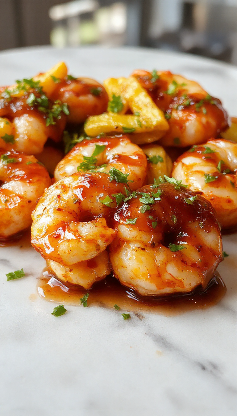 A close-up of vibrant pink shrimp coated in glossy honey garlic sauce, arranged neatly on a white plate garnished with chopped green onions and sesame seeds, with a rustic wooden background.