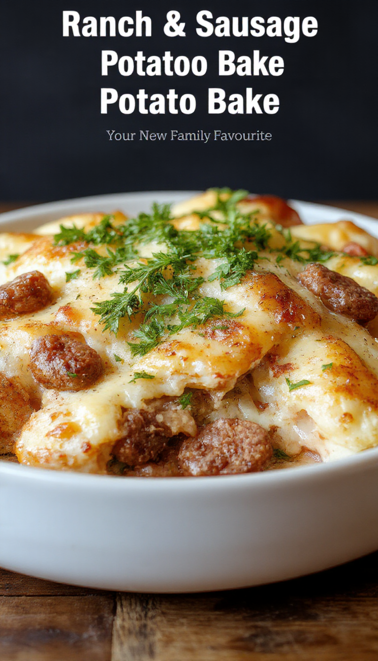 A hearty Ranch & Sausage Potato Bake served in a casserole dish, topped with melted cheese and garnished with fresh herbs.