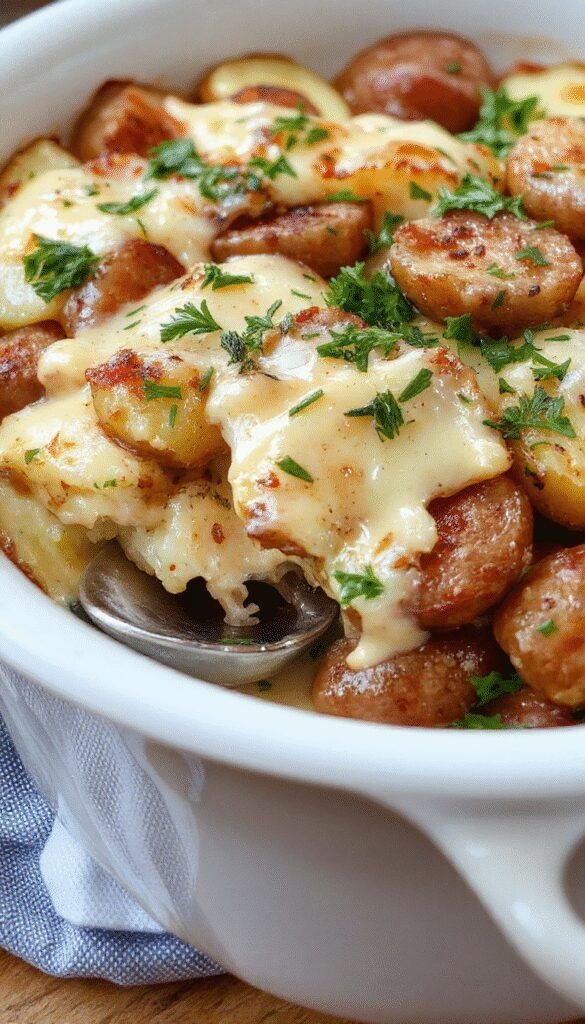 A hearty casserole of Ranch & Smoked Sausage Potato Bake featuring golden baked potatoes, sliced smoked sausage, and sprinkled herbs on top.
