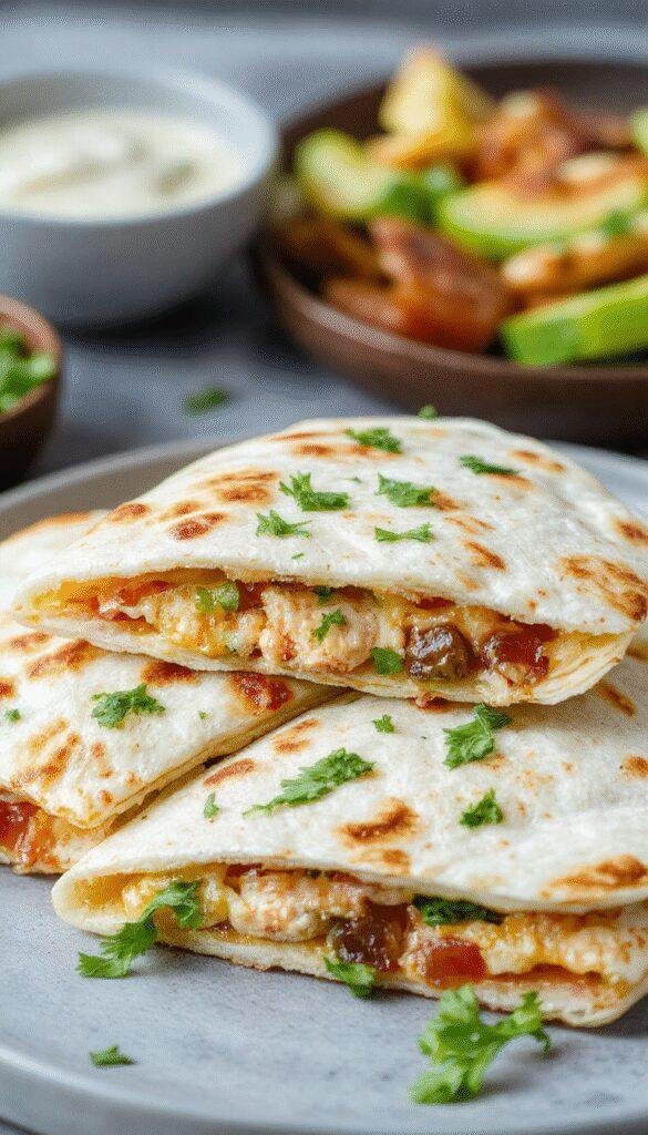 A close-up of crispy quesadillas filled with grilled chicken, bacon, and melted cheese, served on a plate with fresh toppings.