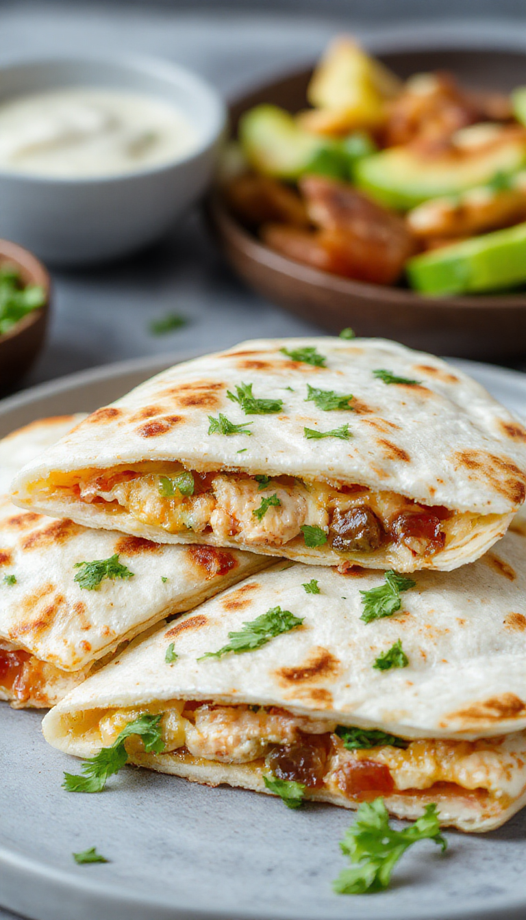 A close-up of crispy quesadillas filled with grilled chicken, bacon, and melted cheese, served on a plate with fresh toppings.
