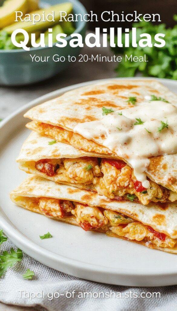 Plate of crispy ranch chicken quesadillas filled with melted cheese and garnished with fresh herbs.