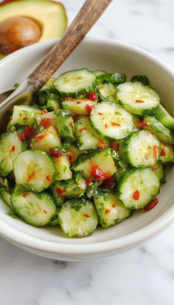Vivid image of a vibrant Asian cucumber salad served in a clear glass bowl, garnished with sesame seeds and chopped cilantro. The salad consists of thinly sliced crisp cucumbers coated in a tangy dressing, with colorful slices of red chili and green onions adding a fresh, appetizing look. The background features a rustic wooden table and subtle Asian-inspired ornaments, emphasizing freshness and simplicity.
