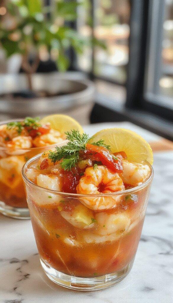 A vibrant glass bowl filled with colorful shrimp cocktail featuring plump pink shrimp coated in a spicy tomato sauce, garnished with fresh cilantro, slices of lime, and diced avocado. The dish is presented on a rustic wooden table with sprigs of cilantro and lime wedges scattered around, highlighting its bright, fresh, and appetizing look.