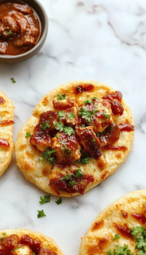 Colorful flatbread topped with shredded BBQ chicken, melted cheese, fresh cilantro, and red onions, arranged on a rustic wooden board with a vibrant background