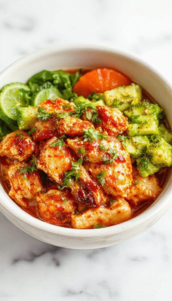 A vibrant chicken bowl featuring crispy fried chicken pieces coated in a creamy sauce, garnished with chopped green onions and sesame seeds on a white ceramic plate, with colorful vegetables like shredded carrots and cabbage in the background.