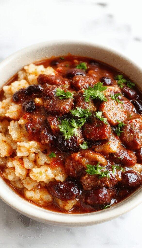 A vibrant plate featuring fluffy white rice topped with glossy black beans and slices of browned, flavorful sausage. Garnished with fresh herbs and served on a rustic white dish.