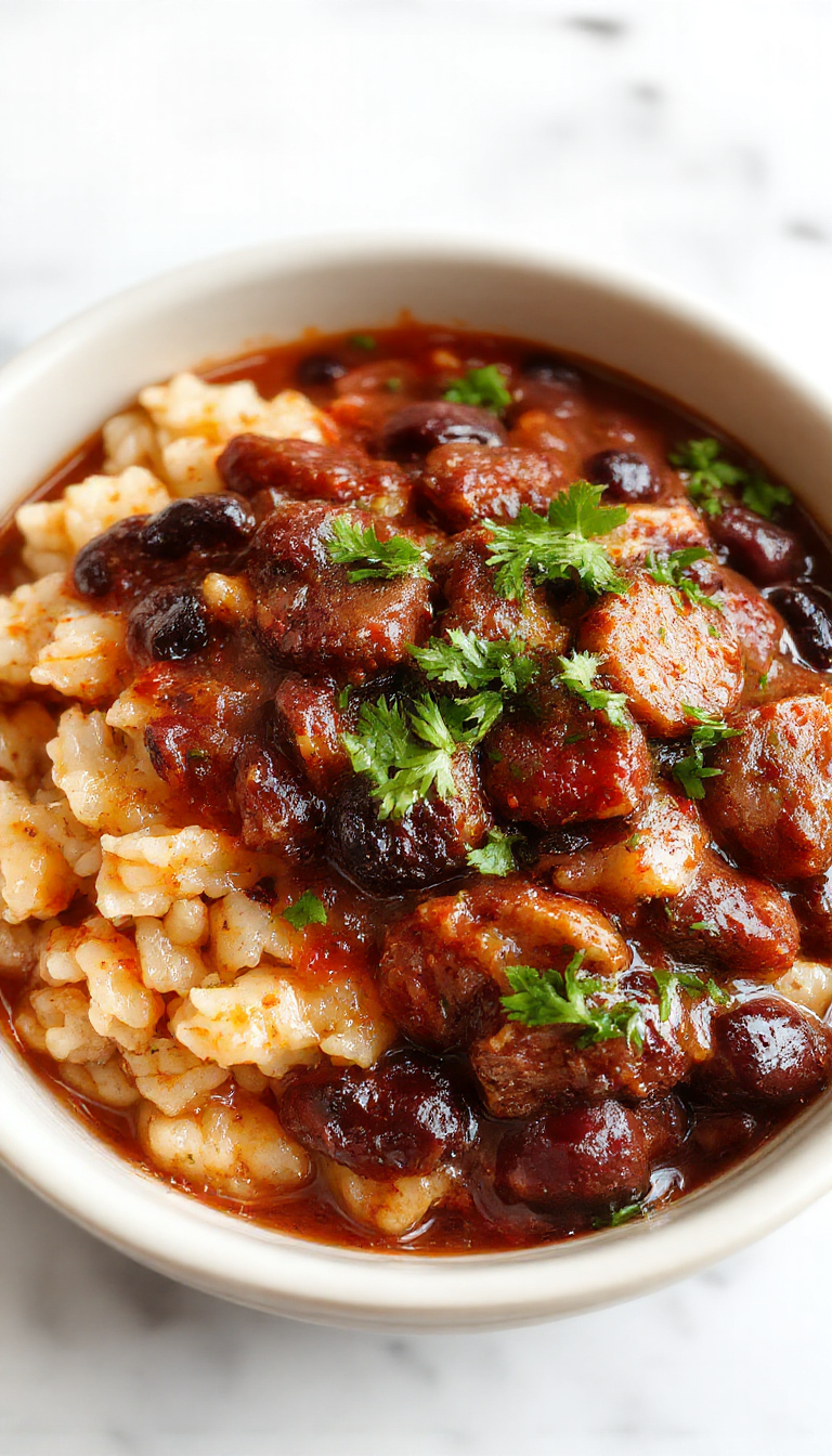A vibrant plate featuring fluffy white rice topped with glossy black beans and slices of browned, flavorful sausage. Garnished with fresh herbs and served on a rustic white dish.