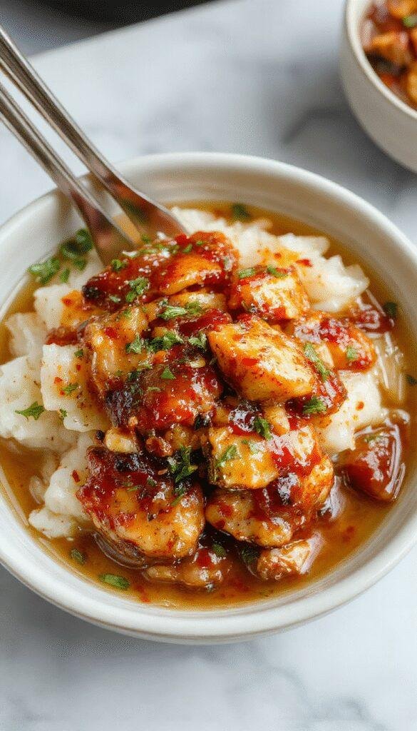 Plate featuring caramelized soy chicken glazed to a rich brown with golden caramel accents, served atop a bed of fluffy white rice. The dish is garnished with fresh sliced garlic and ginger, with a glossy sauce surrounding the chicken pieces. The presentation is elegant, highlighting the crispy edges of the chicken and vibrant aromatics, all on a rustic ceramic plate.