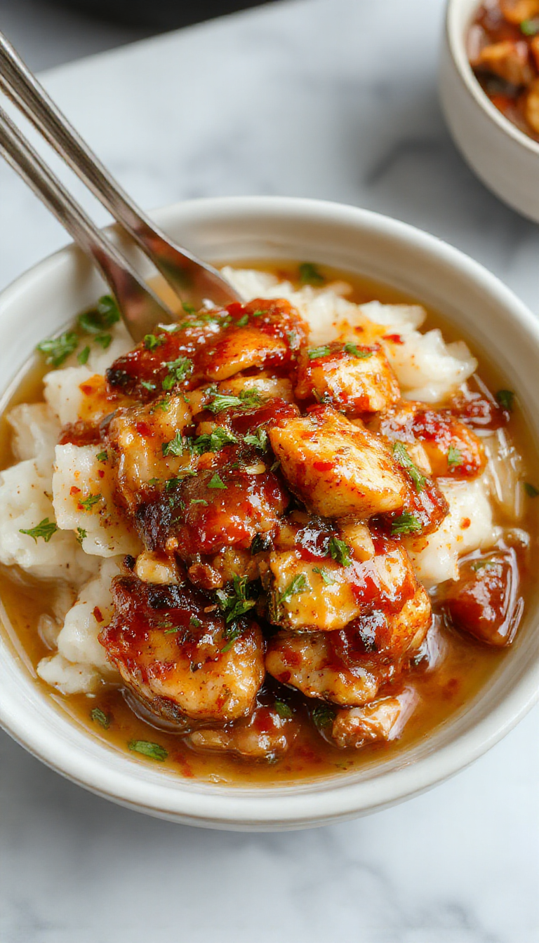 Plate featuring caramelized soy chicken glazed to a rich brown with golden caramel accents, served atop a bed of fluffy white rice. The dish is garnished with fresh sliced garlic and ginger, with a glossy sauce surrounding the chicken pieces. The presentation is elegant, highlighting the crispy edges of the chicken and vibrant aromatics, all on a rustic ceramic plate.