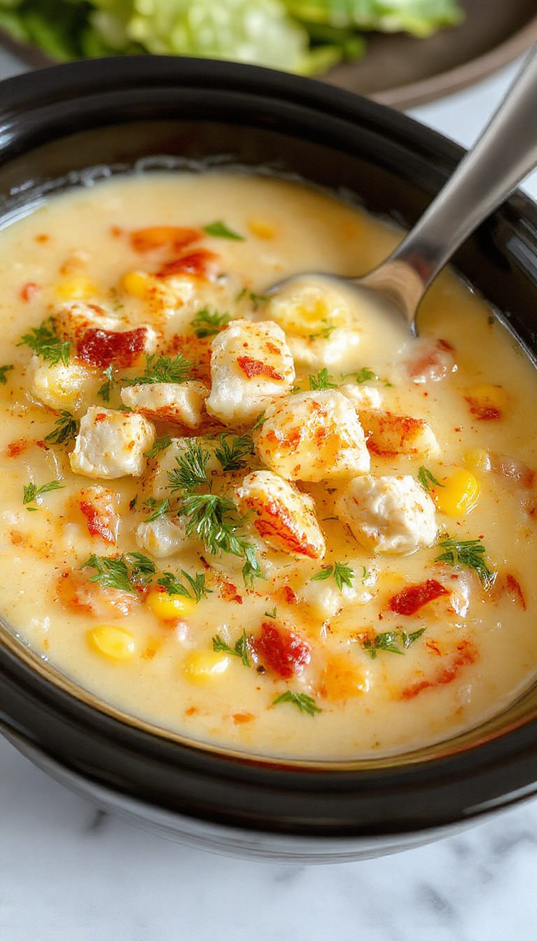 A steaming bowl of hearty chicken corn chowder topped with fresh herbs, served on a rustic wooden table. The chowder is creamy with golden kernels of corn, tender chunks of chicken, and a thick, velvety broth. Surrounding the bowl are slices of crusty bread and sprigs of parsley, creating an inviting and warm culinary scene.