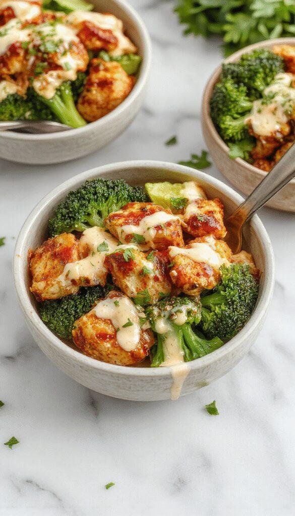 Colorful plate featuring sliced grilled chicken breasts nestled on a bed of vibrant green steamed broccoli, drizzled with a rich, creamy garlic sauce. The dish is beautifully plated on a rustic wooden board, with fresh garlic cloves and sprigs of herbs for garnish, showcasing a savory and appetizing presentation.