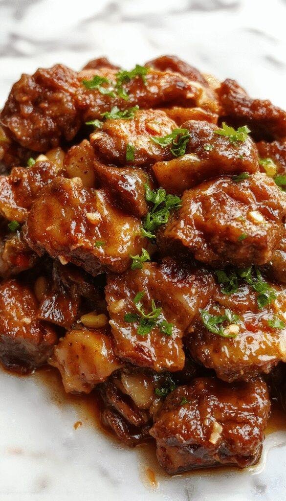 A vibrant plate of Korean Beef Stir Fry featuring tender beef slices coated in glossy, spicy sauce, topped with chopped green onions and sesame seeds, served on a white ceramic plate with colorful vegetables in the background.