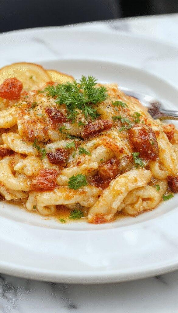 A vibrant plate of creamy orzo pasta garnished with fresh herbs and cherry tomatoes. The dish features perfectly cooked orzo with a golden hue, topped with grated cheese and colorful vegetables, styled on a rustic wooden table with a spoon nearby.