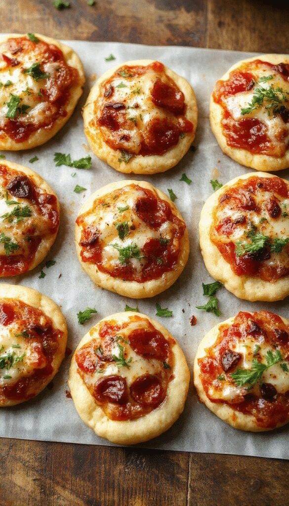 Close-up of bite-sized savory pizza pieces topped with cheese, vegetables, and herbs on a serving platter.