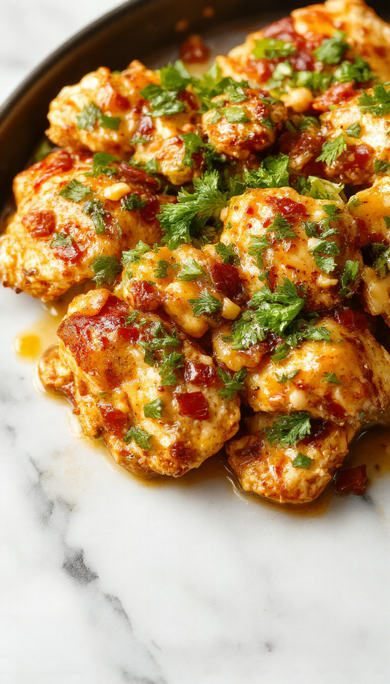 A vibrant chicken skillet featuring golden-brown chicken pieces topped with melted cheese, garnished with chopped cilantro and colorful bell peppers, served in a rustic black skillet set on a wooden table with fresh ingredients in the background.