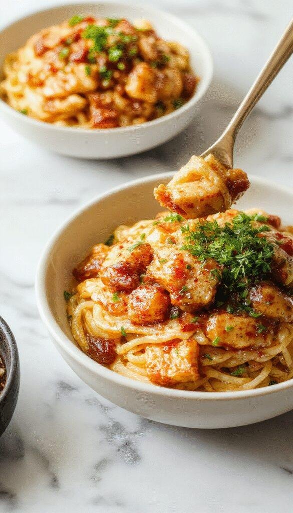 A vibrant plate of sticky garlic chicken noodles featuring tender chicken pieces coated in a glossy garlic sauce, topped with chopped green onions and sesame seeds, arranged elegantly on a white ceramic plate with a side of colorful vegetables. The noodles are golden and slightly caramelized, making the dish look mouthwatering and flavorful.