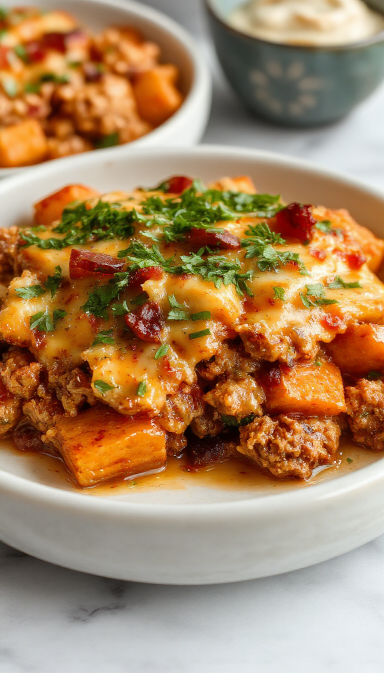 A colorful baked dish featuring sliced sweet potatoes layered with seasoned ground turkey, topped with melted cheese and fresh herbs, served on a rustic white plate with a golden crust and vibrant green garnish in soft natural light.