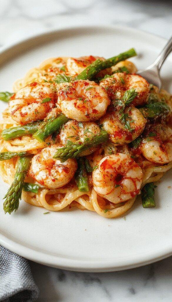 A vibrant plate of asparagus and shrimp with perfectly cooked angel hair pasta, garnished with fresh herbs and lemon wedges, displayed on a white ceramic dish with a light background, emphasizing the colorful ingredients and fresh textures.