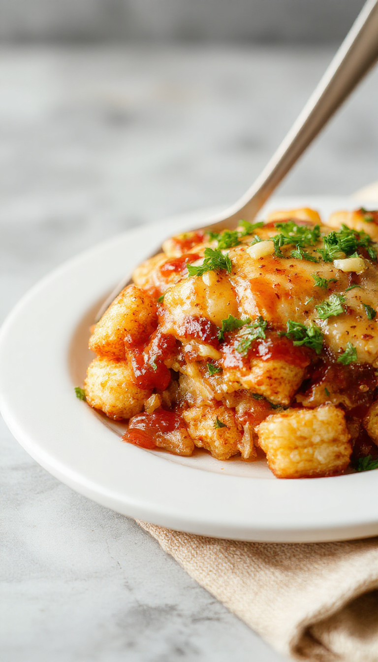 A casserole dish filled with crispy tater tots topped with melted cheese and fresh herbs, ready to serve as a hearty family meal.
