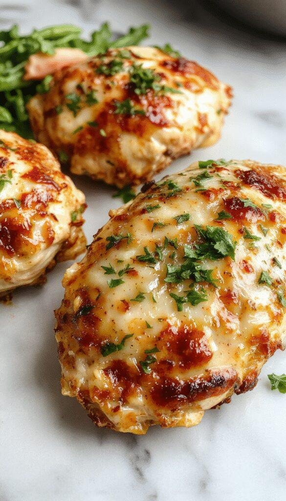 A vibrant chicken casserole plated on a rustic white dish with crispy golden cheese topping, garnished with fresh herbs, surrounded by colorful vegetables, styled simply on a wooden table