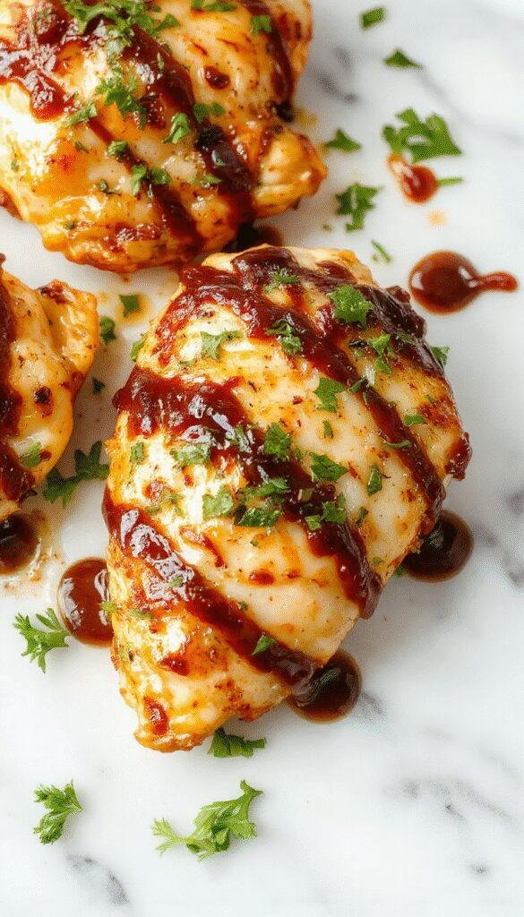 A close-up shot of a perfectly cooked balsamic chicken breast glazed with a shiny, deep caramelized sauce, garnished with fresh herbs and served on a white plate. The chicken is tender with a crispy exterior, surrounded by roasted vegetables and drizzled with balsamic reduction, set against a rustic wooden table with a soft-focus background.