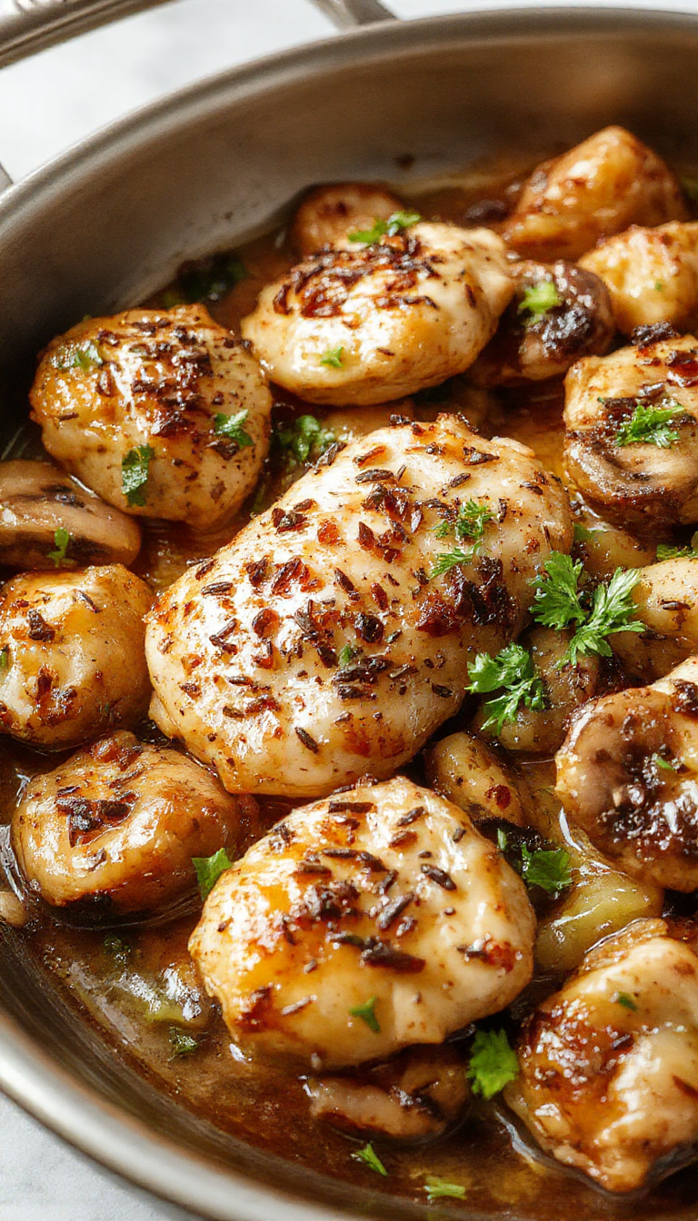 A sizzling skillet of black pepper chicken with tender mushrooms garnished with green onions, steaming hot and ready to serve.