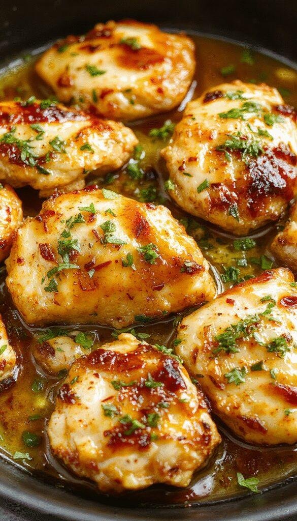 A sizzling skillet filled with rich, golden butter chicken garnished with fresh cilantro and served with naan on the side.