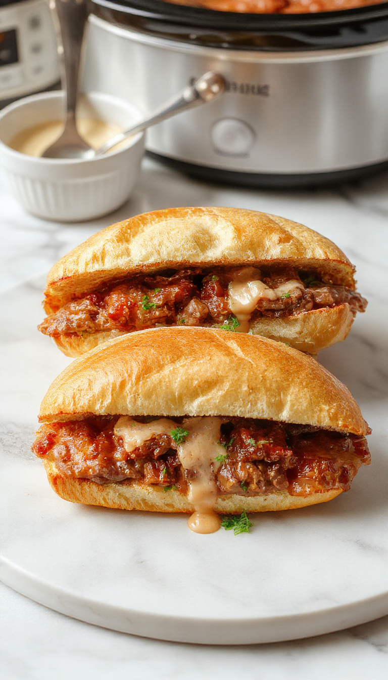A close-up of a French Dip Sandwich featuring sliced roast beef piled high on a toasted hoagie bun, topped with melted cheese and garnished with fresh herbs. A small bowl of rich au jus sauce is visible beside the sandwich, with steam rising, highlighting the moist and flavorful sandwich presentation.