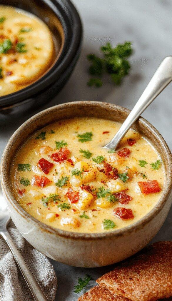 A steaming bowl of Slow Cooker Mexican Street Corn Soup garnished with cilantro, cheese, and lime wedges on a rustic wooden table.