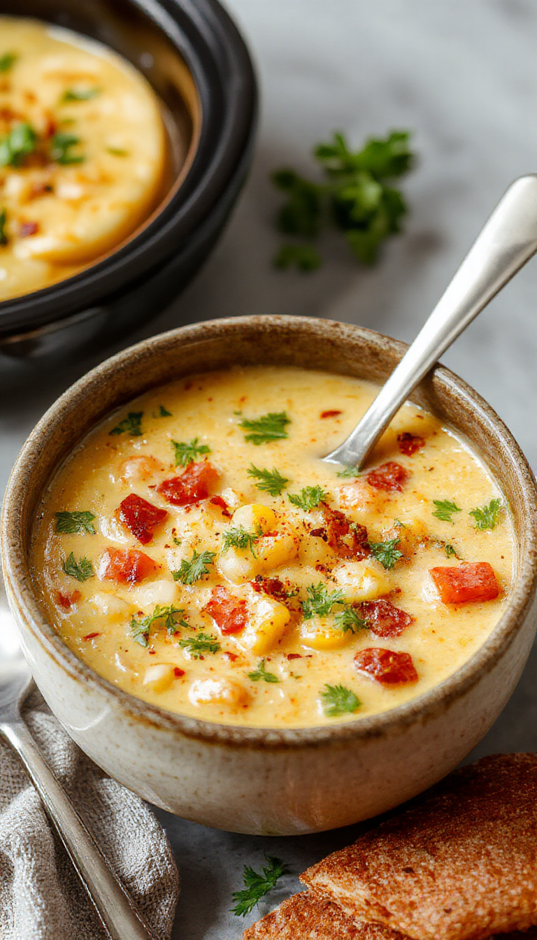A steaming bowl of Slow Cooker Mexican Street Corn Soup garnished with cilantro, cheese, and lime wedges on a rustic wooden table.